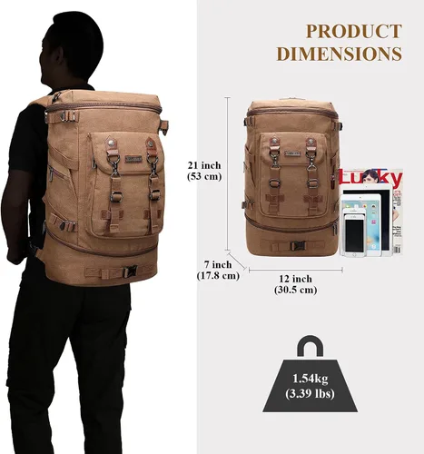 Vista 6 de WITZMAN Mochila de viaje para hombres y mujeres, mochila de lona para llevar en el equipaje, mochila convertible grande, Marrón, Mochilas de viaje