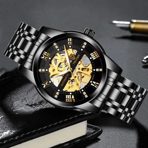 Vista 3 de Dentily Reloj mecánico de acero inoxidable para hombre, esqueleto automático, impermeable, relojes de negocios para hombres