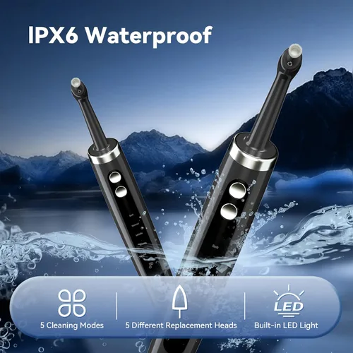 Vista 6 de Pulidor de dientes recargable, pulidor de dientes con 5 cabezales de repuesto y modos de limpieza, recargable por USB, impermeable IPx6, removedor
