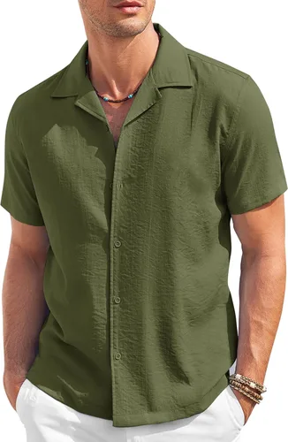 Vista 16 de COOFANDY Camisa casual con botones para hombre, manga corta, texturizada, para verano, para playa cubana