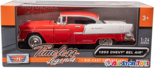Vista 8 de 1955 Chevy Bel Air, rojo, escala 1/24 fundido a troquel modelo Toy Car Motormax 73229