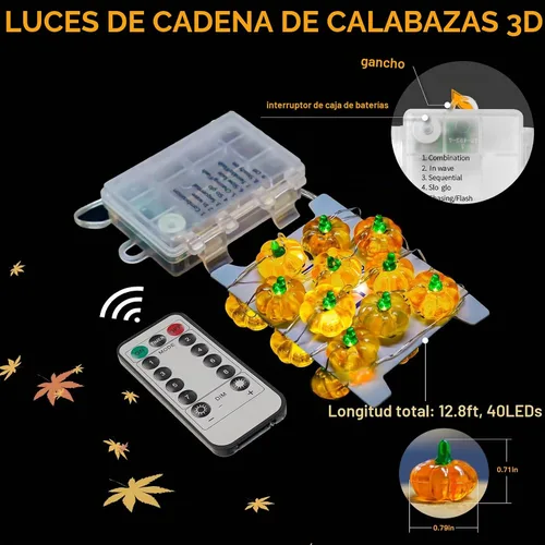 Vista 3 de suddus Luces de calabaza 3D, 40 luces LED de otoño de 12.8 pies, funcionan con pilas con control remoto y 8 modos y temporizador, decoraciones