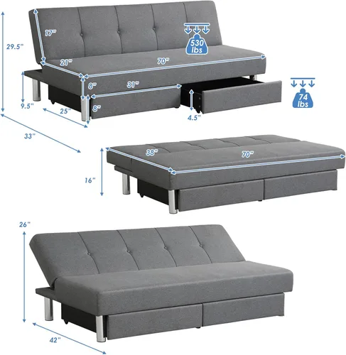 Vista 3 de OUDINI Sofá cama futón de tela, sofá futón convertible, sofá de espuma viscoelástica, sofá biplaza convertible, para sala de estar, dormitorio