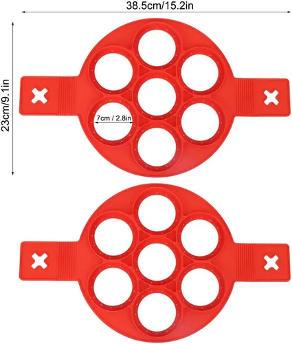 Vista 3 de Oumefar 2 moldes para panqueques de silicona roja para freír huevos con 7 agujeros de forma redonda, herramienta de cocina antiadherente