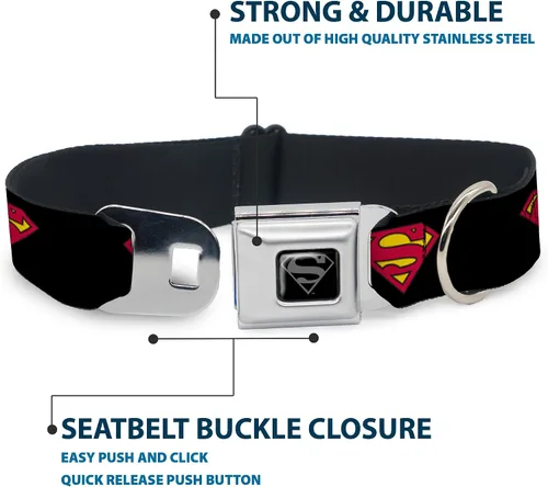 Vista 4 de Buckle-Down Collar de perro con hebilla de cinturón de seguridad, Superman Shield negro, 1 pulgada de ancho, se adapta a cuello de 9 a 15 pulgadas