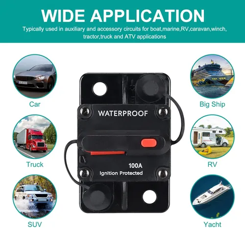 Vista 7 de Disyuntor de 100 amperios, con reinicio manual, impermeable, 12V-48V DC, 30-311A, para protección manual de potencia de audio del sistema
