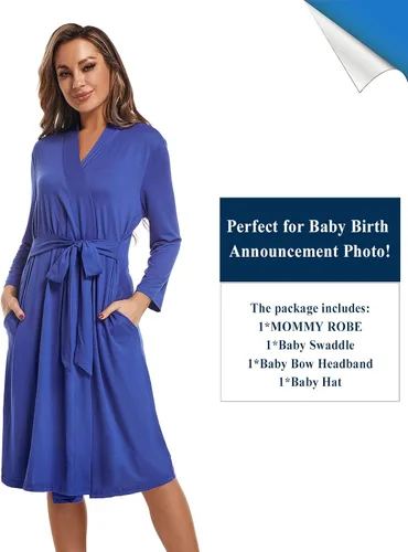 Vista 6 de QTECLOR Bata de maternidad con manta a juego, bata de maternidad Barhrobe para parto para hospital, vestido de mujer