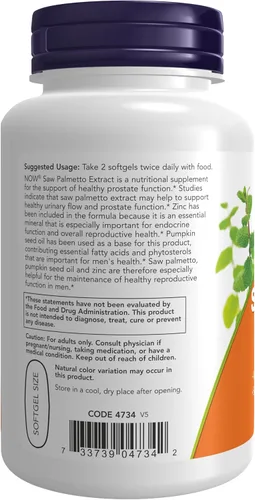 Vista 3 de NOW Suplementos Extracto de Saw Palmetto con Aceite de Semilla de Calabaza y Zinc, Salud de los Hombres*, 90 Cápsulas Blandas