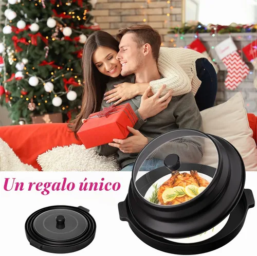 Vista 2 de Cubierta 2 en 1 para salpicaduras de microondas para alimentos con placa base antiquemaduras, tapa grande de plástico y silicona plegable con Negro