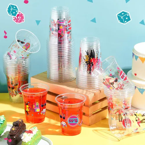 Vista 4 de FoldTier 50 Piezas Vasos de los Años 50 de 12 oz Plástico Vasos Regreso a los Años 50 Vasos Transparentes Desechables de los Años 50 Vasos Temáticos