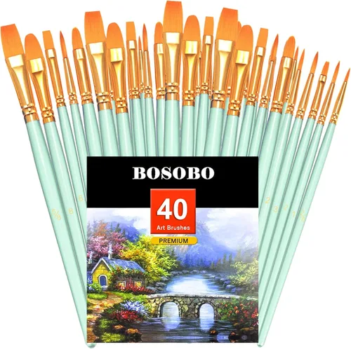 Vista 17 de BOSOBO Juego de pinceles de pintura, 10 pinceles de punta redonda puntiaguda, pinceles de nailon para artistas de cabello acrílico, acuarela