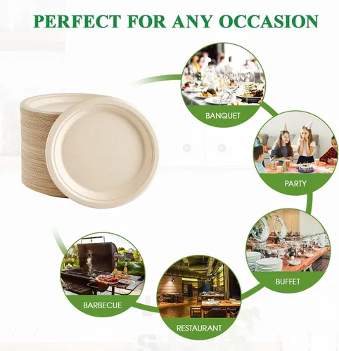 Vista 6 de Vplus Paquete de 200 platos de papel de 7 pulgadas, 100% compostables, desechables, resistentes y desechables, bagazo, natural, biodegradable