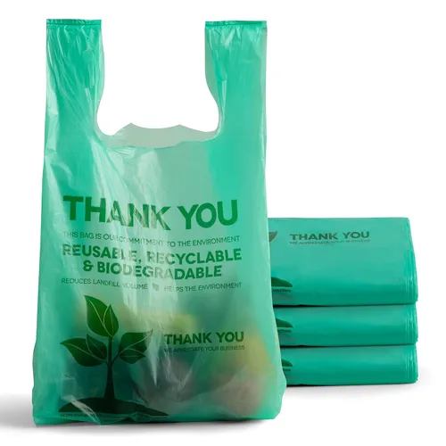 Vista 8 de FMP Brands Bolsas de plástico biodegradables ecológicas – 100 unidades con asas, bolsas de compras para camisetas de agradecimiento a granel