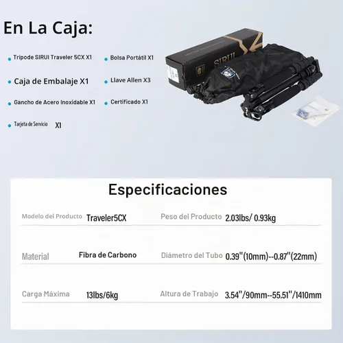 Vista 9 de SIRUI Trípode de Viaje Ligero de Fibra de Carbono, Trípode de Cámara Compacto de 52" con Kit de Cabeza de Bola de 360°, Columna Central Desmontable