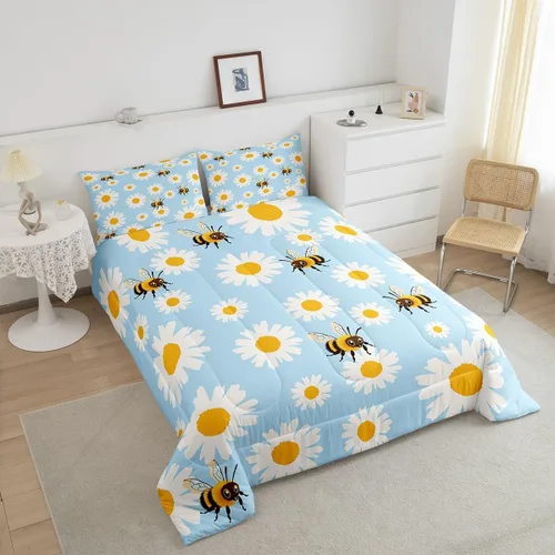 Vista 2 de Erosebridal Juego de edredón de abeja de dibujos animados, tamaño individual, juego de ropa de cama floral de margarita blanca lisa para niños