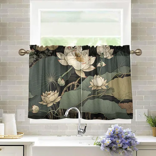 Vista 9 de Vnurnrn Cortinas de media ventana (loto estilo japonés) para dormitorio, cortinas de cocina de granja para ventana pequeña, baño, sótano, caravana
