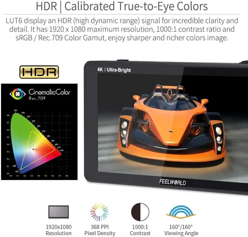 Vista 4 de FEELWORLD LUT6S 6 pulgadas SDI 2600nits HDR 3D LUT pantalla táctil DSLR Cámara Monitor de campo con forma de onda VectorScope histograma 3G SDI 4K