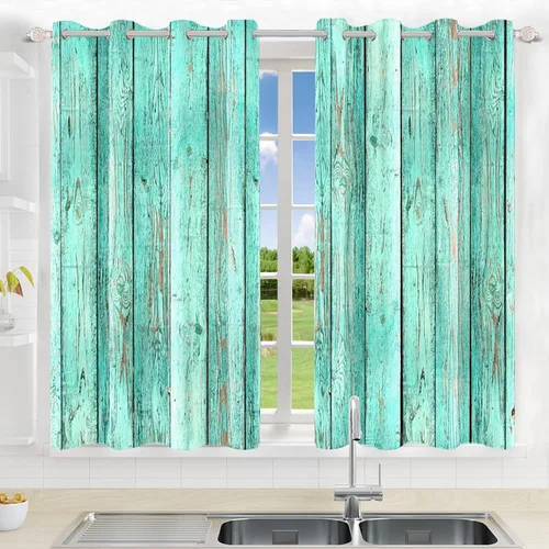 Vista 4 de Cortinas opacas rústicas para puerta de granero, color azul y verde, tablones de madera antigua, granja, campo, vida rural, sala de estar