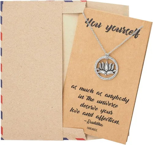 Vista 5 de Quan Jewelry Om - Collar con colgante de flor de loto, joyería de yoga, regalos para mujeres, regalos para amantes del yoga con tarjeta