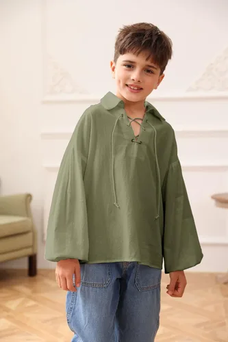Vista 3 de Camisa medieval de pirata para niños vikinga, renacentista, con cordones, mercenario, Halloween, jacobita escocés, Ghillie, tops