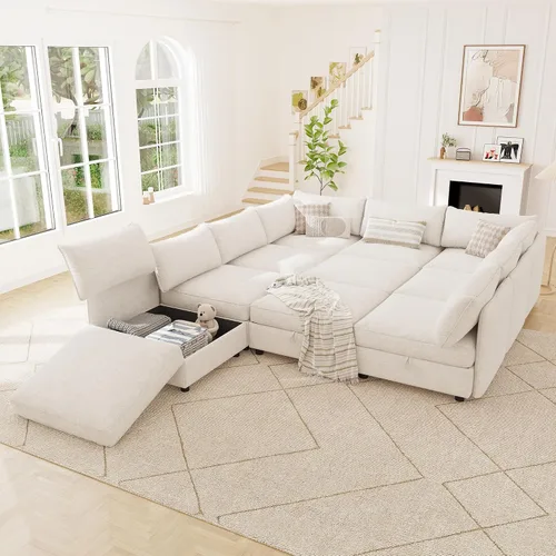 Vista 13 de 95.5" Sofá seccional modular de chenilla con almacenamiento oculto, sofá cama convertible en forma de L y U, sofá seccional moderno de 6 plazas