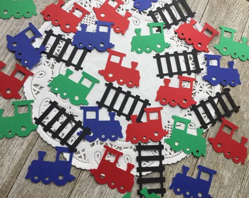 Vista 2 de Train Confetti - Train Birthday Party Decorations - Trains Theme - Railroad Tracks - Set of 150 Pieces