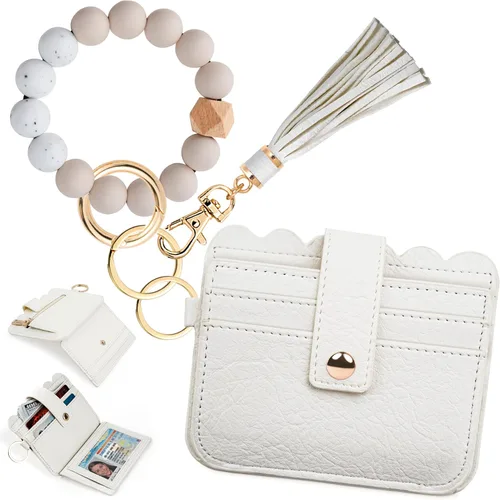 Vista 15 de Cartera de pulsera para mujer con llavero – Tarjetero RFID pequeña cartera con llavero Beige