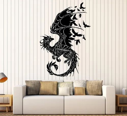 Vista 5 de Vinilo adhesivo para pared, diseño de dragones, pájaros, fantasía, cuento de hadas, decoración gótica para dormitorio (z2514) M 22.5 x 35 pulgadas