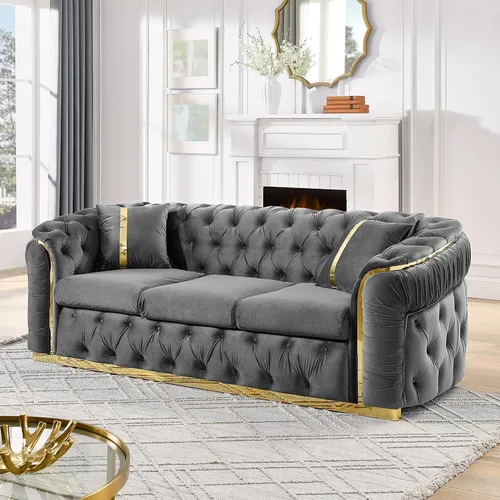 Vista 15 de Sofá Chesterfield de 62.6 pulgadas, moderno de mediados de siglo, sofá de terciopelo blanco beige y dorado, sofás de lujo para sala de estar