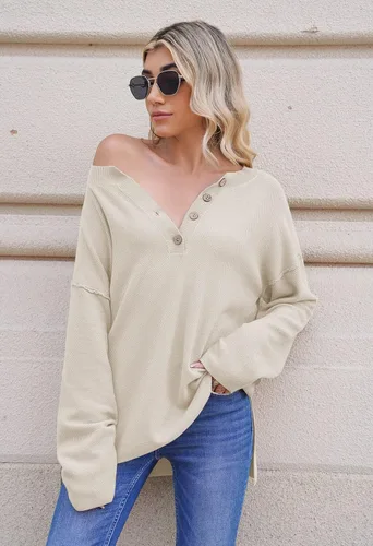 Vista 6 de Pink Queen Suéter de punto con cuello en V para mujer, de gran tamaño, manga larga tipo murciélago, estilo Henley