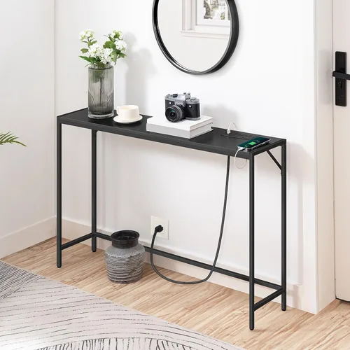 Vista 2 de MAHANCRIS Mesa consola, mesa de sofá estrecha, mesa de entrada de 43.3 pulgadas con estación de energía, mesa detrás del sofá, estilo simple
