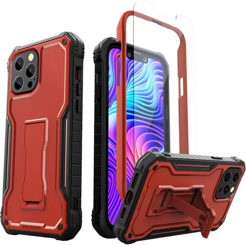 Vista 8 de ExoGuard Compatible con iPhone 13 Mini, funda de goma a prueba de golpes de cuerpo completo con protector de pantalla de vidrio templado, soporte