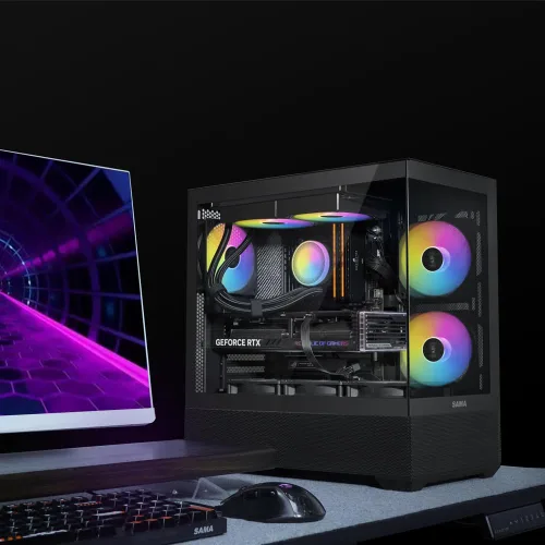 Vista 9 de SAMA V40 Mid Tower ATX Chasis – 6 × 120mm Ventiladores ARGB PWM Pre-Instalados, Paneles de Vidrio Templado Dual, Flujo de Aire Vertical, Diseño