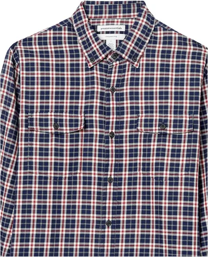 Vista 5 de Tienda Essentials Camisa de sarga de dos bolsillos a cuadros de manga larga ajustada para hombre