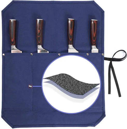 Vista 11 de Bolsa para cuchillos de chef, rollo para cuchillos con 4 ranuras, forro de tela especializado resistente a cortes, lona encerada resistente de 16