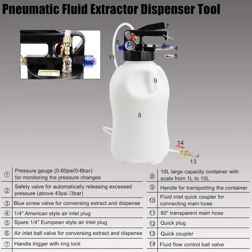Vista 2 de YSTOOL Juego de dispensador extractor de fluido neumático 10L ATF Kit de herramientas de recarga para cambio de aceite en transmisión del motor