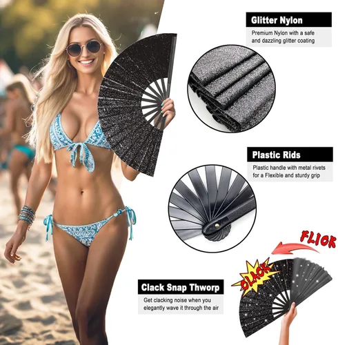 Vista 4 de OMyTea Ventilador grande con purpurina para baile de línea, botas de 13 pulgadas en el suelo, ventilador de mano plegable para EDM, festival de Negro