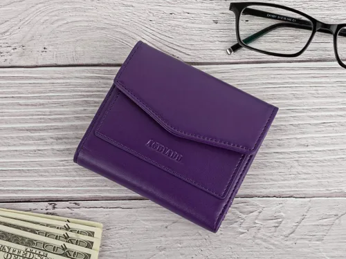 Vista 7 de Cartera pequeña y compacta de cuero para mujer, con bloqueo RFID, tarjetero para tarjetas de crédito para mujer, Púrpura, Cartera RFID