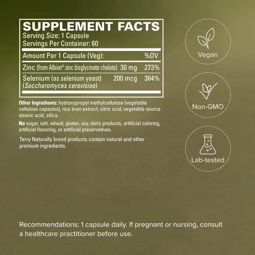 Vista 5 de Terry Naturally Zinc Plus Selenio - Suplemento de salud inmune y respiratoria - Suplemento mineral con quelato de bisglicinato de zinc - Fórmula