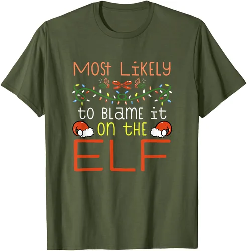 Vista 6 de Camiseta de Navidad familiar a juego con la frase "Most Likely To Blame It On The Elf" Negro