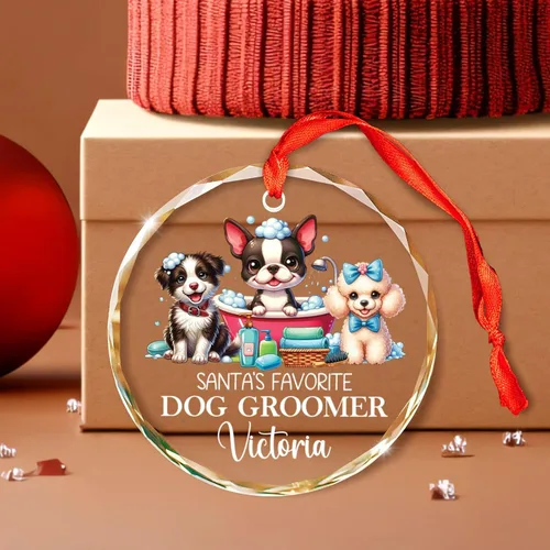 Vista 3 de Adorno de cristal personalizado para peluquero de perro favorito de Santa, adorno de Navidad para peluquero de perros 2025, adornos personalizados