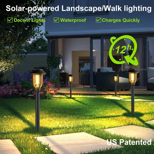 Vista 7 de ILANCK Luces solares para caminos al aire libre, paquete de 12 luces solares para exteriores, impermeables, blanco cálido, encendido y apagado