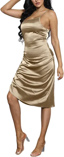 Vista 2 de Vestido de satén para mujer, con tirantes delgados, cordón, fruncido, cóctel, noche, fiesta, club nocturno