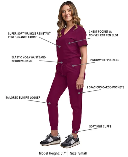 Vista 2 de Green Town - Conjunto de ropa quirúrgica para mujer, pantalón jogger y camiseta con cuello en V, 5 bolsillos, banda de yoga, uniforme de enfermería