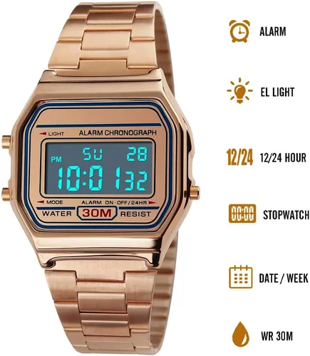 Vista 6 de VIGOROSO Reloj casual digital de acero inoxidable dorado retro vintage para hombre, cronómetro