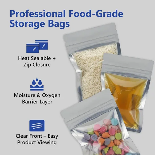 Vista 2 de Bolsas Mylar con cierre de cremallera de 4.5 x 3 pulgadas 100 bolsas Bolsas sellables con sellado térmico para dulces y alimentos, medicamentos