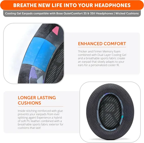 Vista 4 de WC Freeze QC35 - Almohadillas de gel refrescante para auriculares Bose QC35 y QC35ii (QuietComfort 35) y más Tela deportiva transpirable, gel