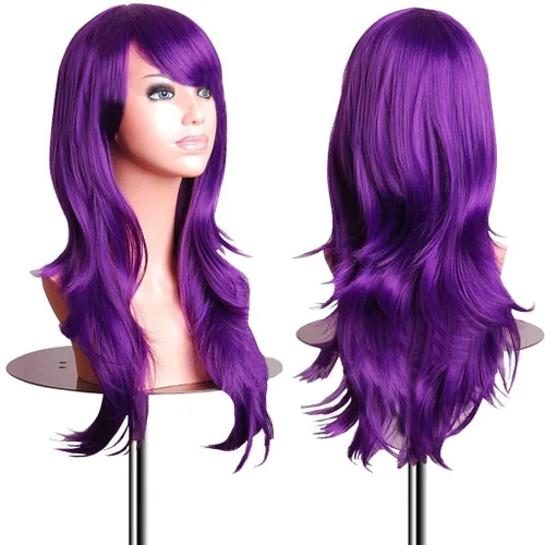 Vista 8 de EmaxDesign Pelucas de 28 pulgadas ondulado rizado Cosplay peluca con gorra de peluca y peine (azul oscuro)