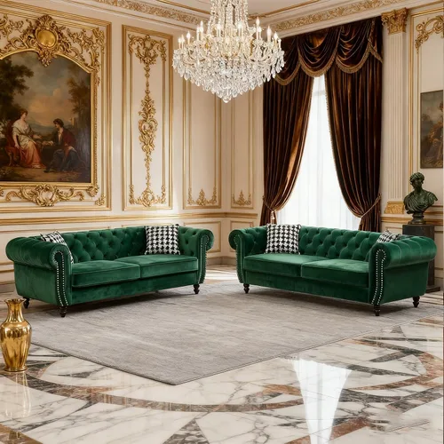 Vista 22 de Juego de 2 sofás de terciopelo negro moderno de mediados de siglo, sofá y sofá biplaza con botones copetudos, muebles para la sala, cómodo sofá Azul