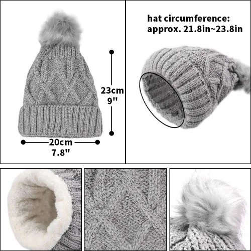Vista 4 de KRATARC Conjunto de gorro de punto para mujer de forro polar con pompones